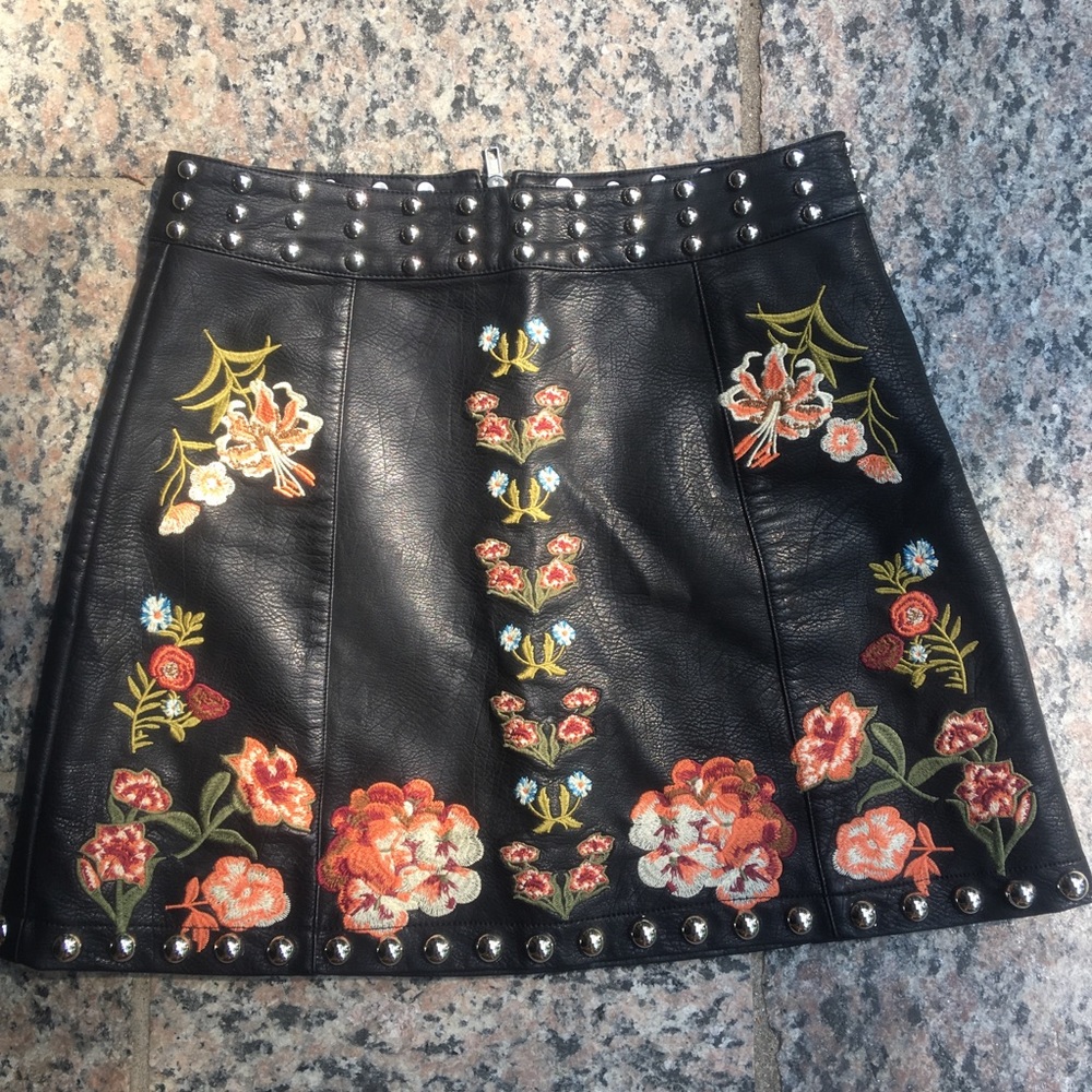 Embroidered leather skirt